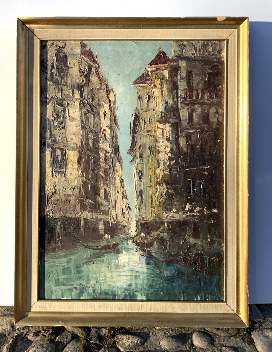 Peintre vénitien (début du XXe siècle) - Vue de Venise avec canal et gondoles.-photo-4