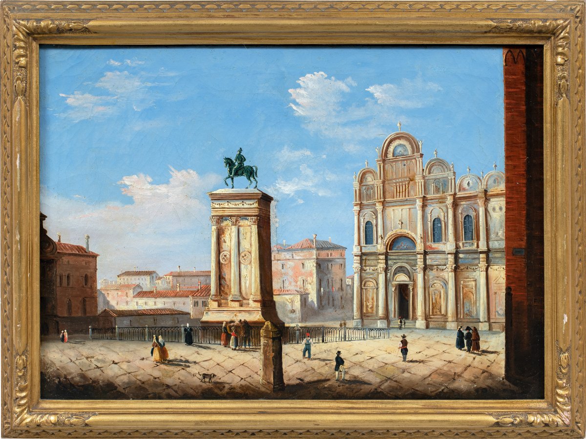 Peintre vénitien (XIXe siècle) - Venise, vue du Campo Santi Giovanni e Paolo.
