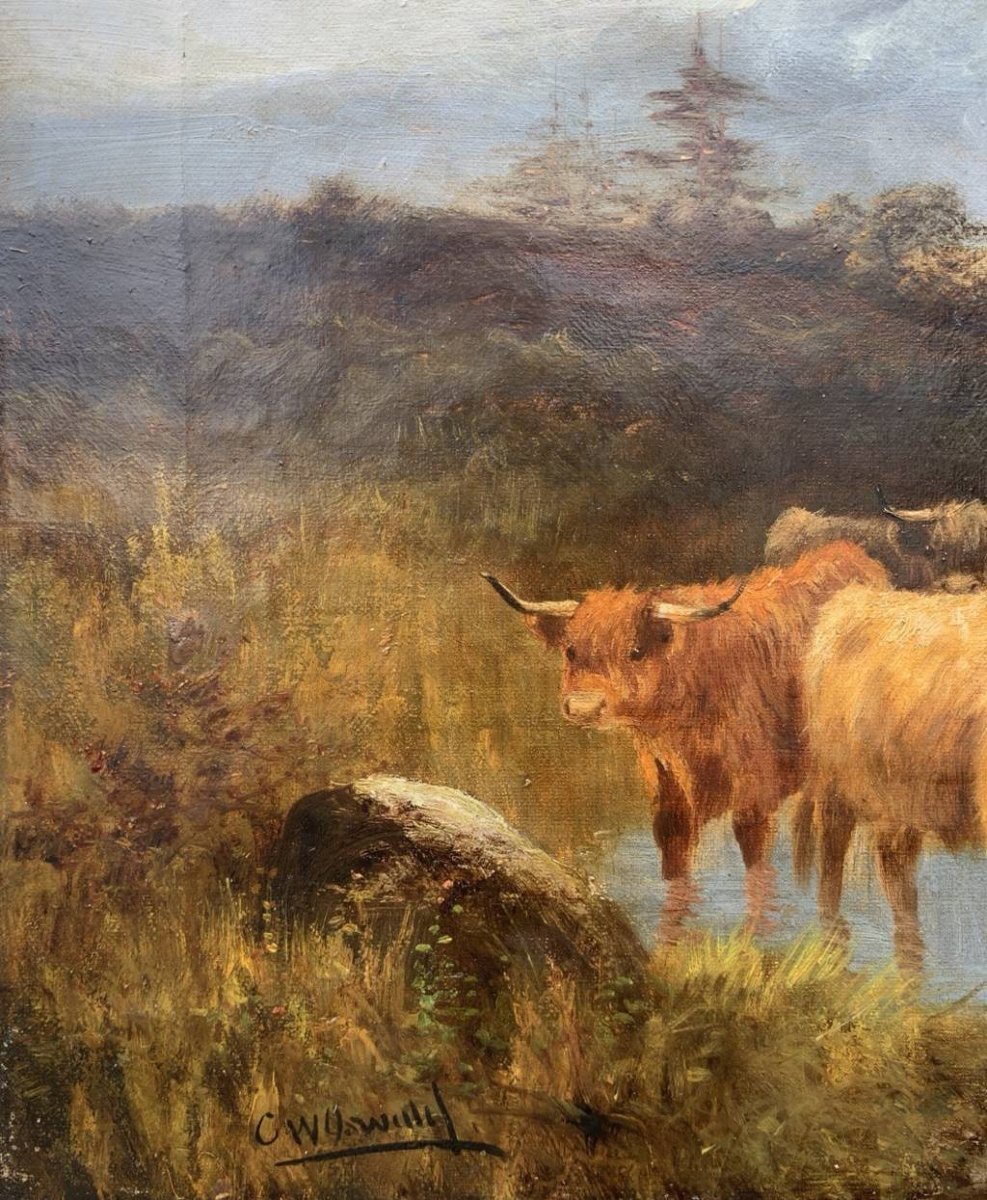 British Painter (late 19th Century) — Landscape With Highland Cattle By A Lake.-photo-2