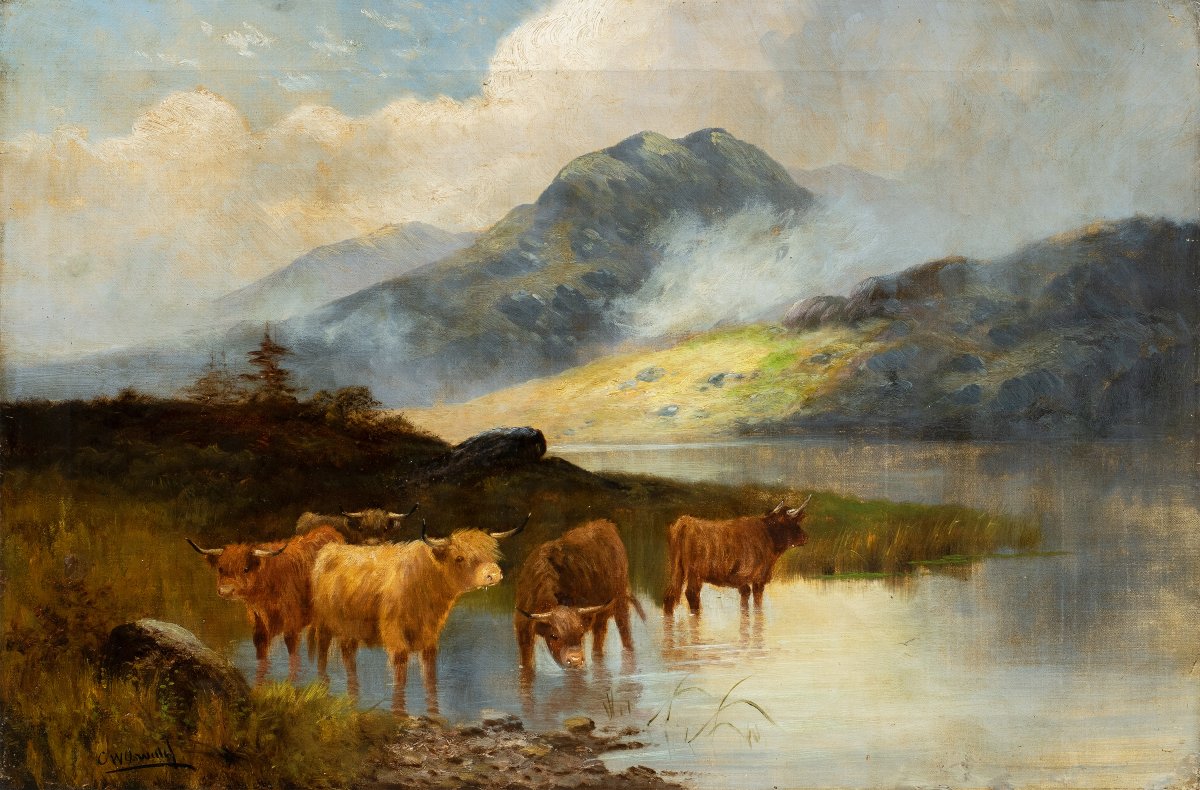 British Painter (late 19th Century) — Landscape With Highland Cattle By A Lake.