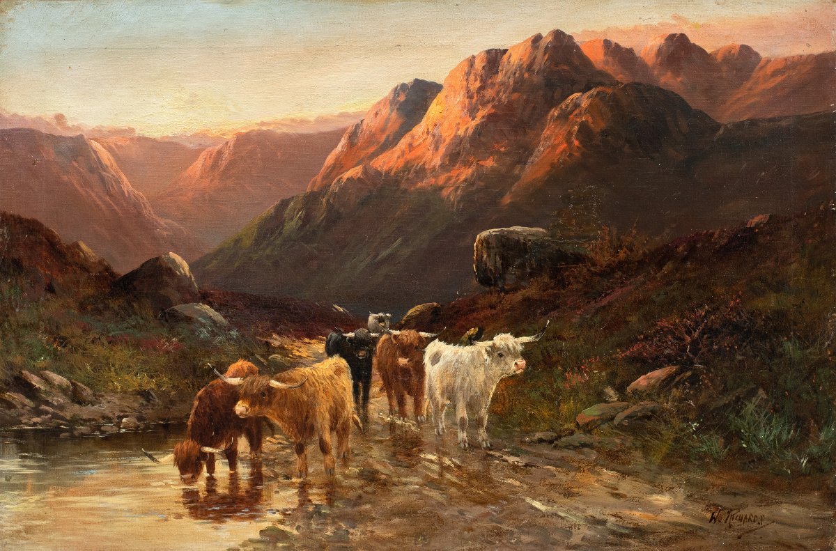 W. Richards (british, Late 19th Century) — Scottish Highland Landscape With Cattle.