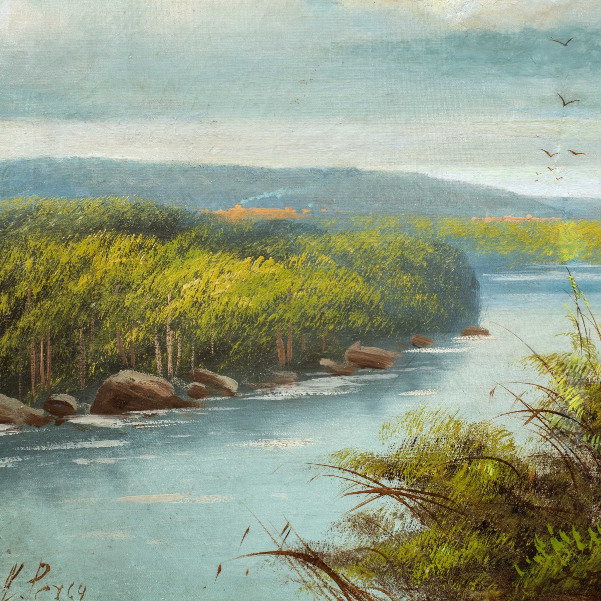 Sidney Richard Percy (Londres 1822 - Bedfordshire 1886) - Paysage fluvial avec hirondelles.-photo-2