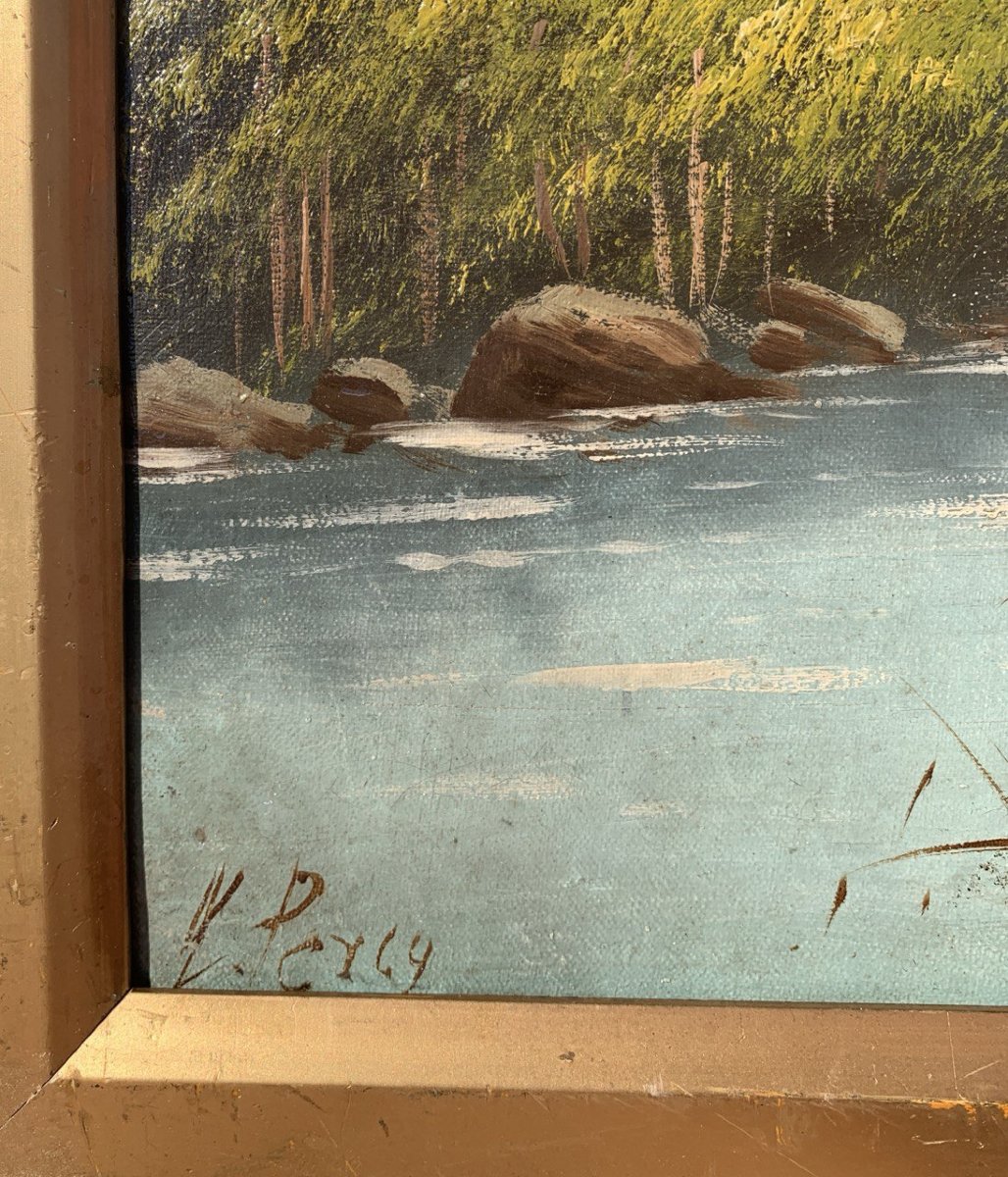 Sidney Richard Percy (Londres 1822 - Bedfordshire 1886) - Paysage fluvial avec hirondelles.-photo-1