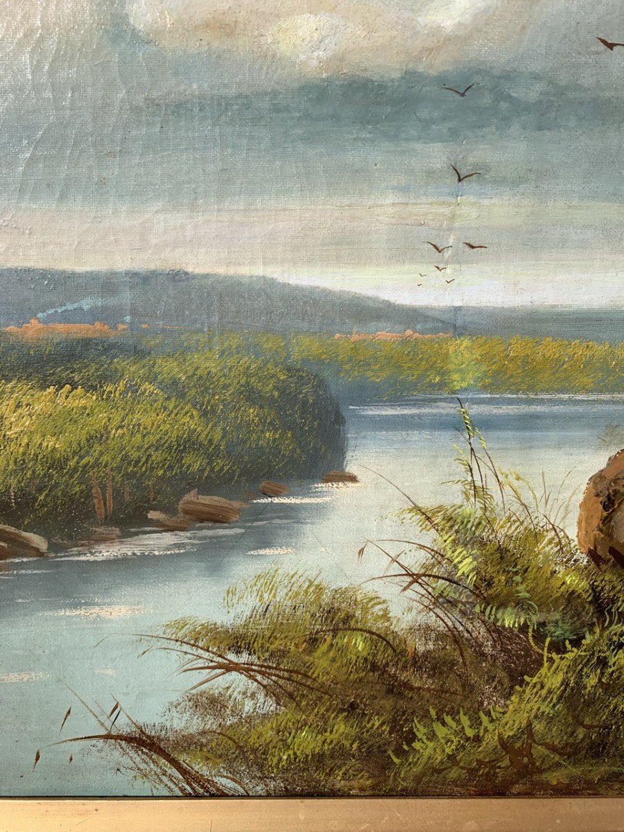 Sidney Richard Percy (Londres 1822 - Bedfordshire 1886) - Paysage fluvial avec hirondelles.-photo-2