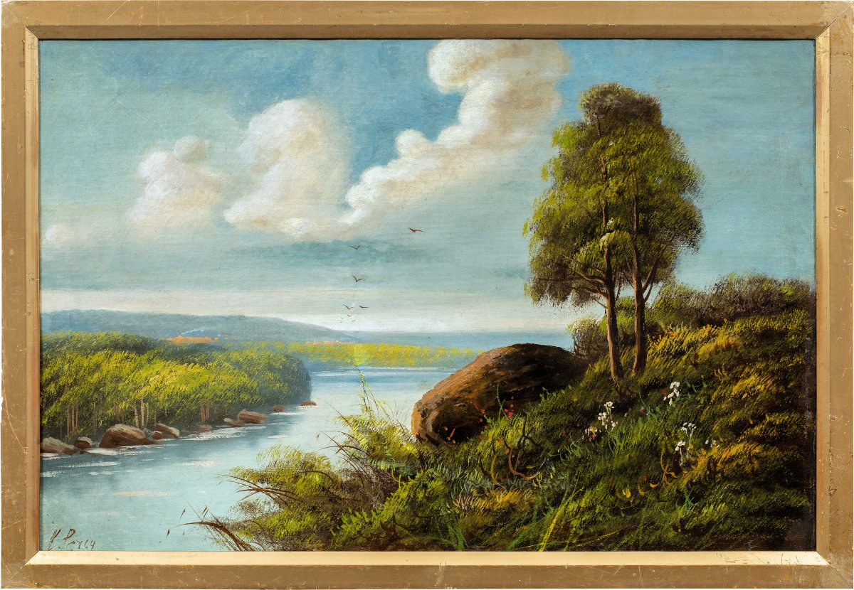 Sidney Richard Percy (Londres 1822 - Bedfordshire 1886) - Paysage fluvial avec hirondelles.