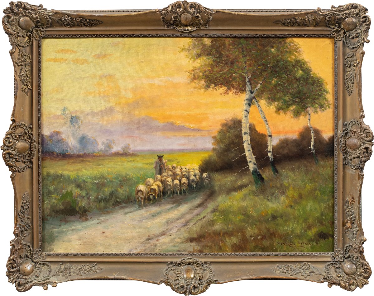 Hungarian Painter (19th Century) - Landscape With Flock At Sunset.
