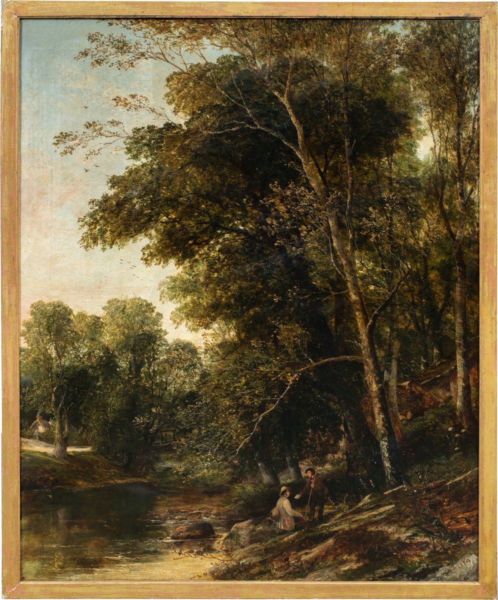 Peintre anglais (XIXe siècle) - Paysage fluvial avec pêcheur et messager.