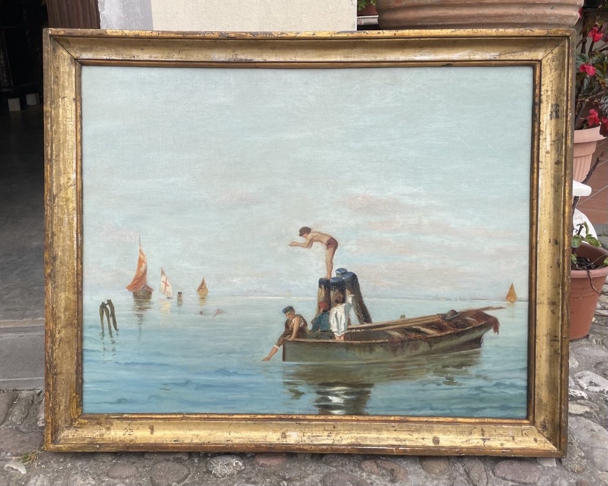 Venetian Painter (19th Century) - Bathers On The Lagoon.-photo-4