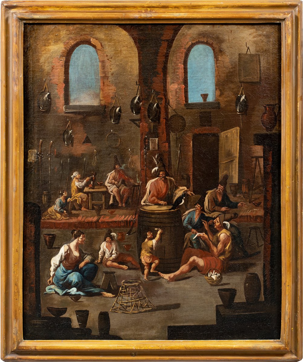 Attribué à Alessandro Magnasco (Gênes 1667-1749) - Scène de taverne avec un marchand et une pie