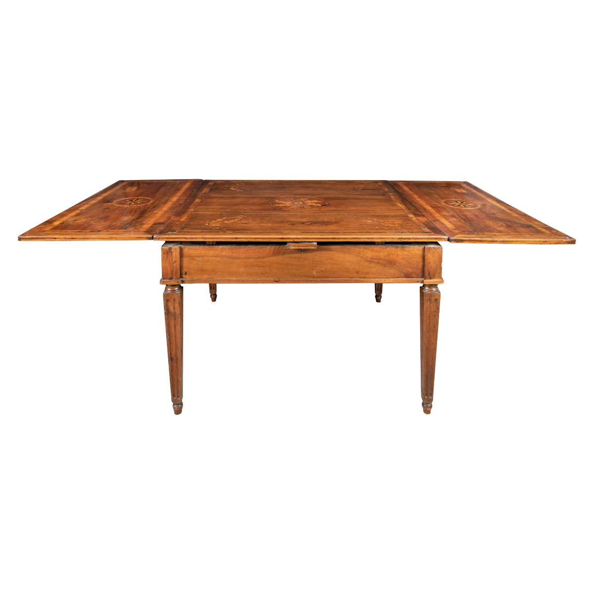 Table de salle à manger extensible en marqueterie. Plaisance, seconde moitié du XVIIIe siècle.