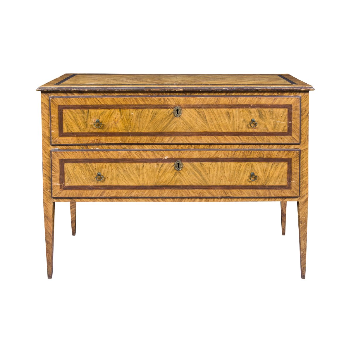 Commode en bois laqué et peint imitant le loupe. Toscane, fin du XVIIIe siècle.
