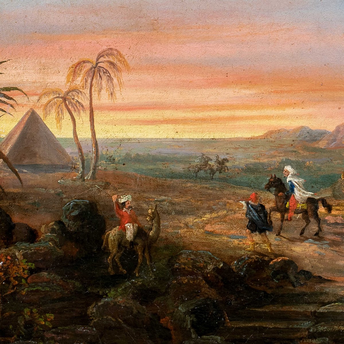 Orientalist Painter (19th Century) - Landscape With Travellers, Ruins And Pyramid.-photo-2