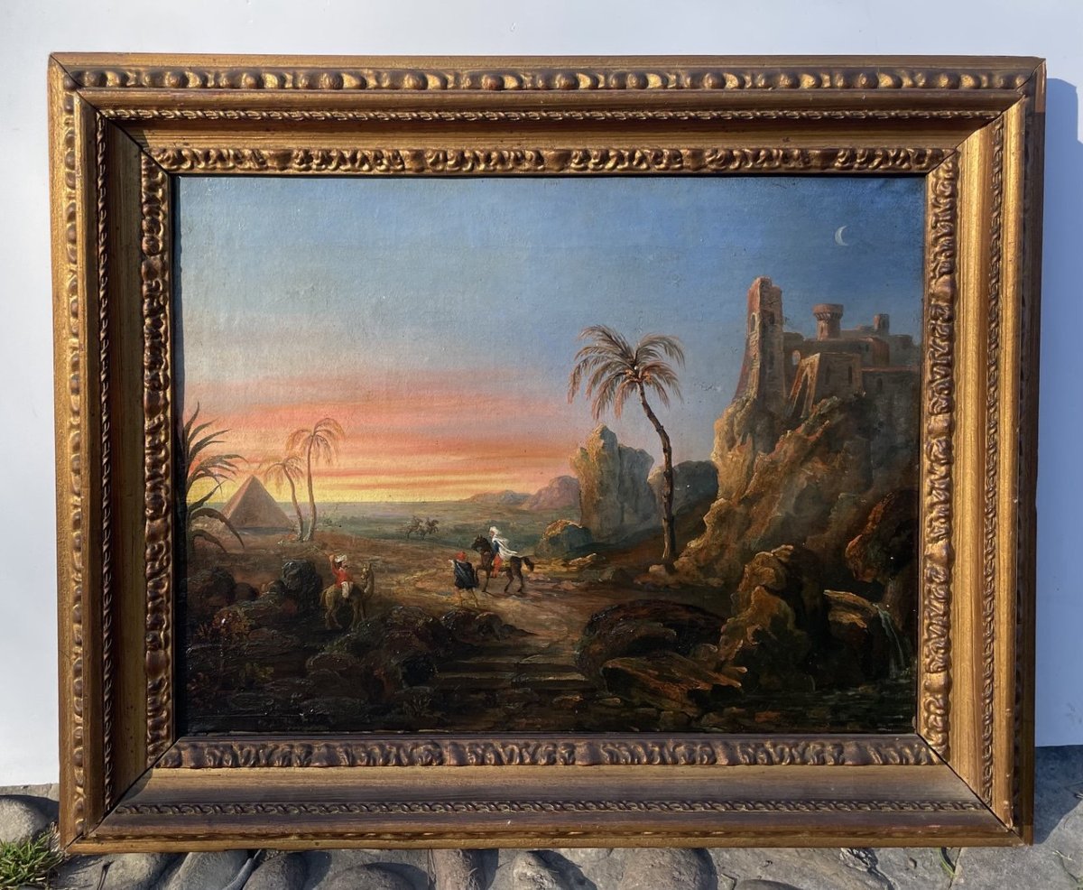 Orientalist Painter (19th Century) - Landscape With Travellers, Ruins And Pyramid.-photo-4