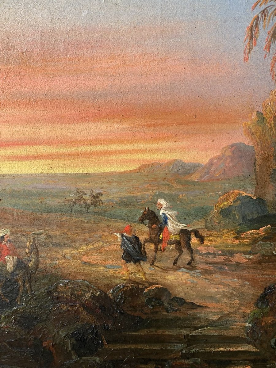 Orientalist Painter (19th Century) - Landscape With Travellers, Ruins And Pyramid.-photo-1