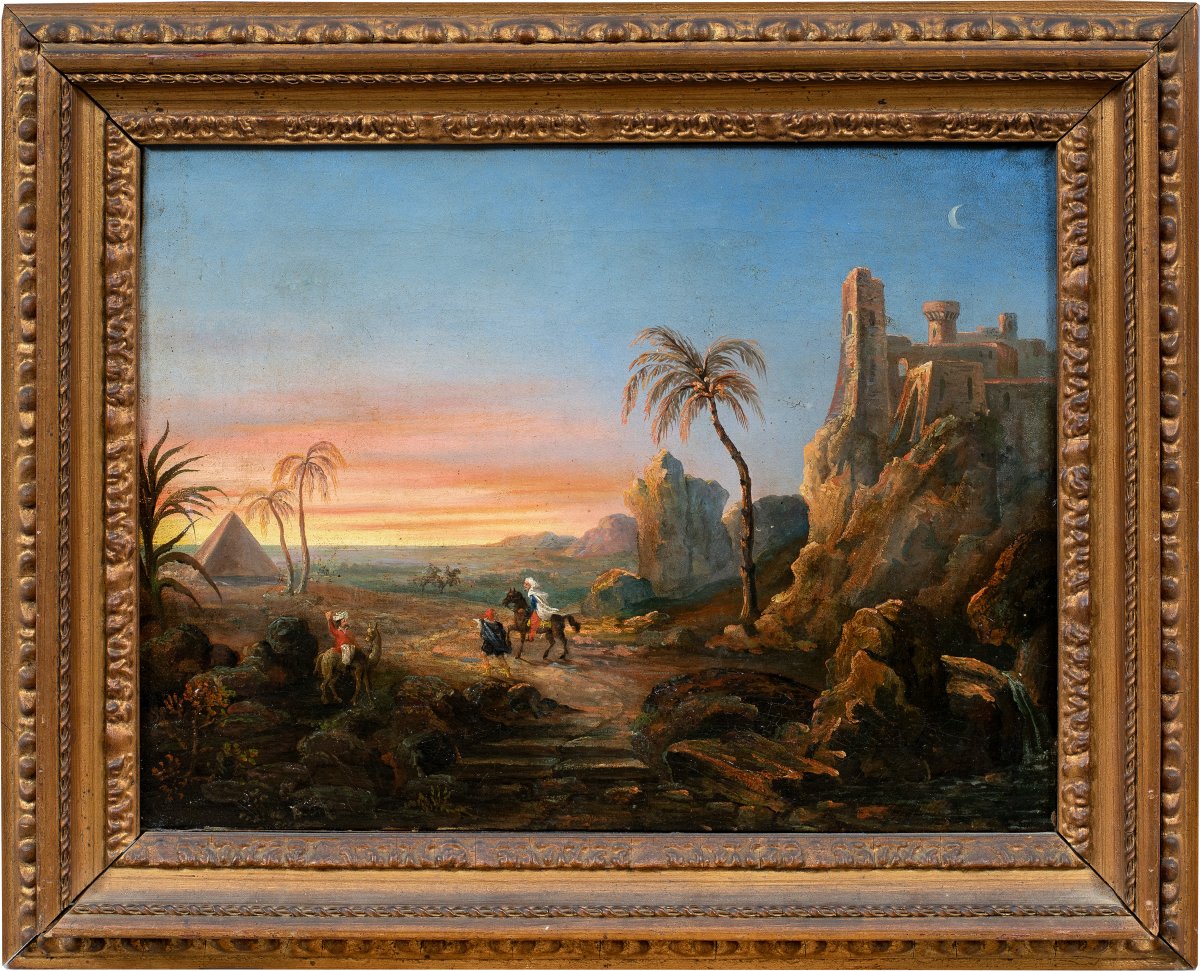 Orientalist Painter (19th Century) - Landscape With Travellers, Ruins And Pyramid.