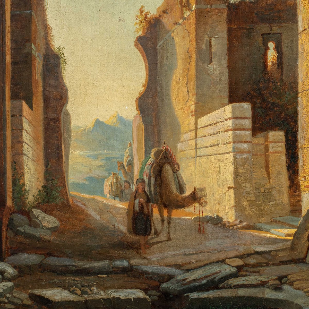 Orientalist Painter (19th Century) - View Of An Arab City With A Caravan.-photo-2