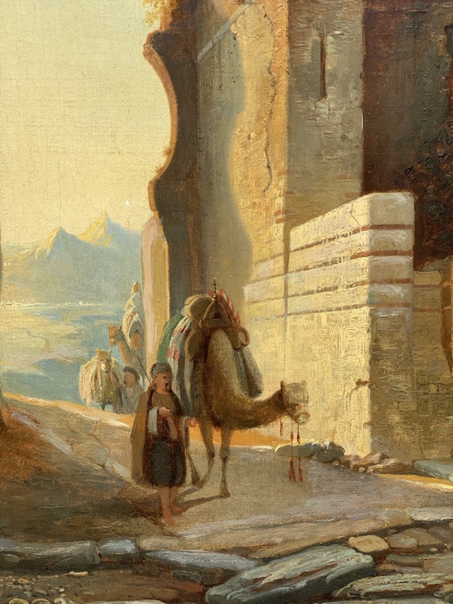 Orientalist Painter (19th Century) - View Of An Arab City With A Caravan.-photo-2