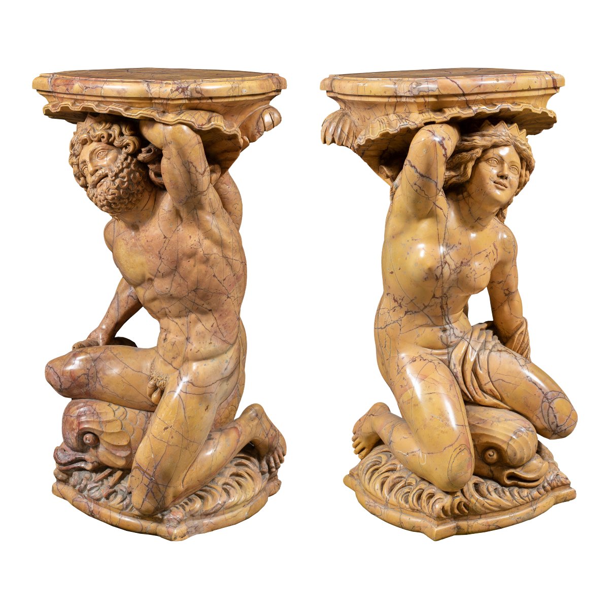 Sculpteur italien (XIX-XX) - Paire de supports de vase sculptés - Poséidon et Amphitrite.-photo-2