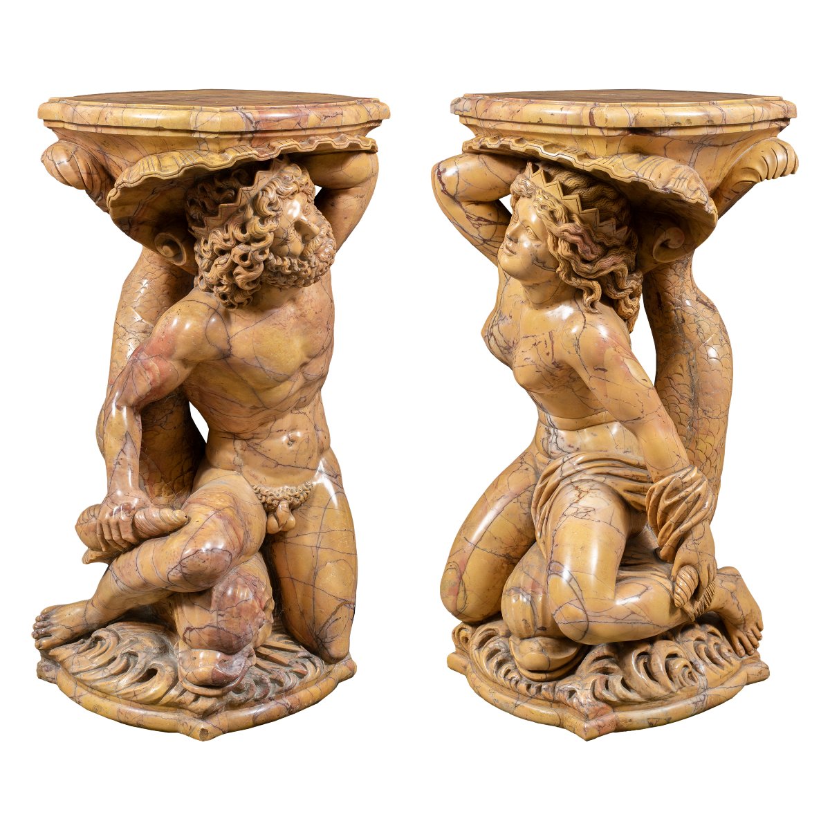 Sculpteur italien (XIX-XX) - Paire de supports de vase sculptés - Poséidon et Amphitrite.-photo-3