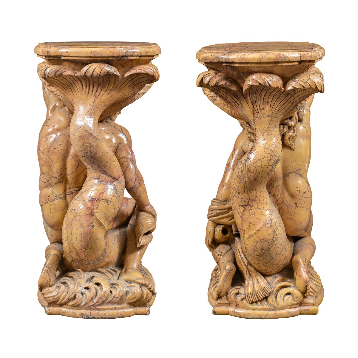 Sculpteur italien (XIX-XX) - Paire de supports de vase sculptés - Poséidon et Amphitrite.-photo-4