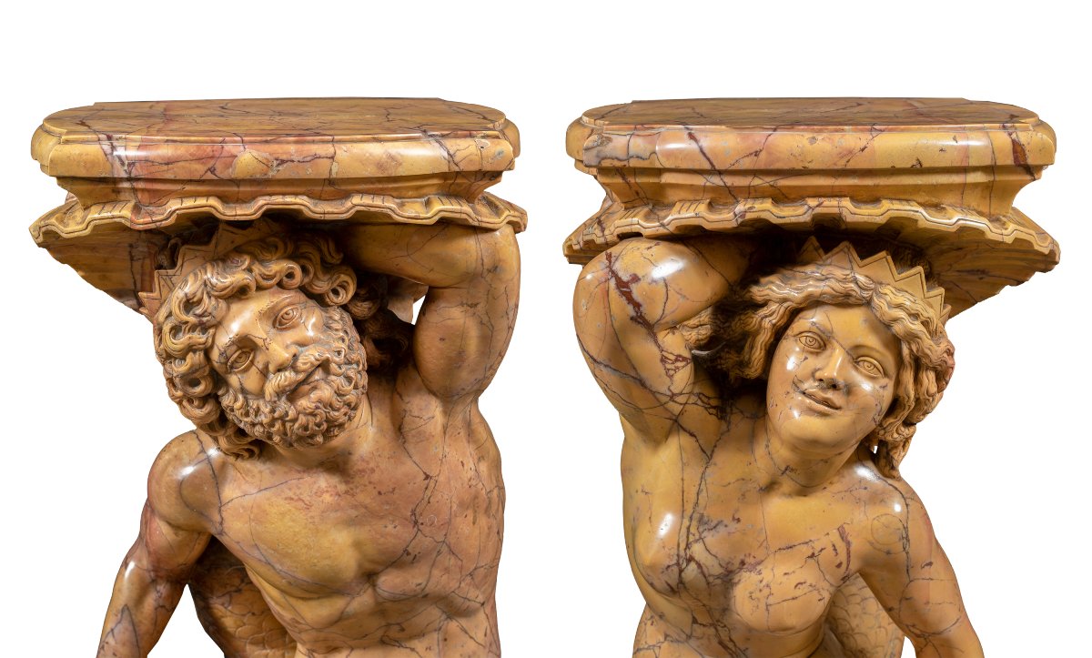 Sculpteur italien (XIX-XX) - Paire de supports de vase sculptés - Poséidon et Amphitrite.-photo-1