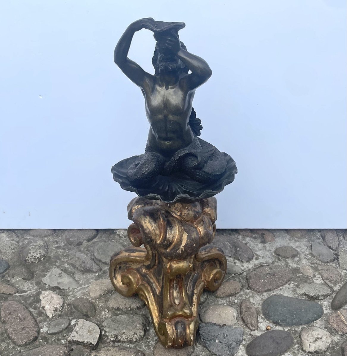 Sculpteur italien (XVIIe-XVIIIe siècle) - Triton jouant du conque.-photo-3