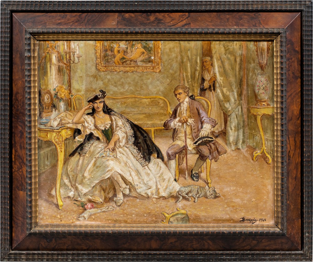 Vittorio Emanuele Bressanin (Musile di Piave 1860–Venise 1941) - Intérieur à scène romantique.