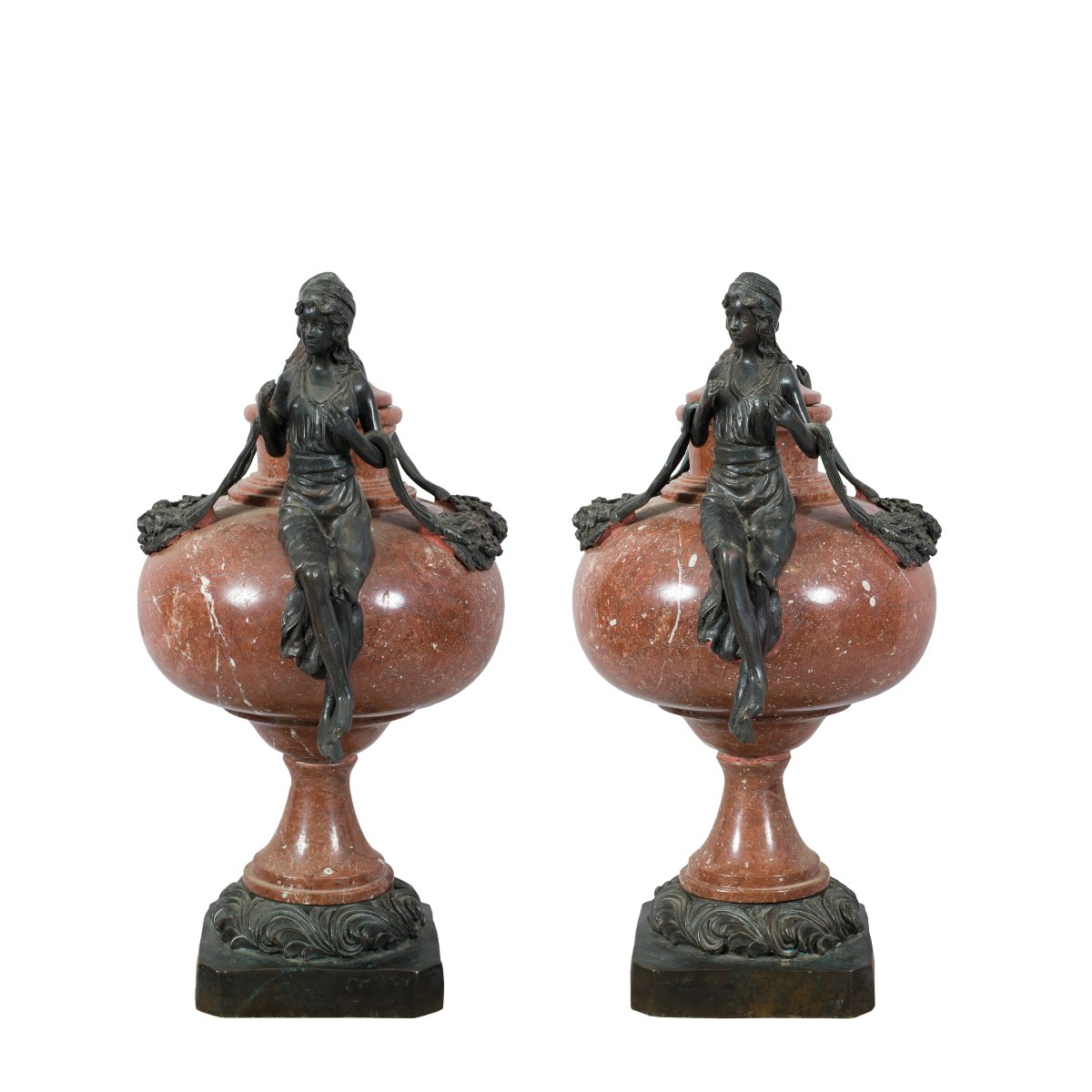 Pair Of Vases In Red Verona Marble And Patinated Bronze. Italy, Late 19th Century.-photo-2