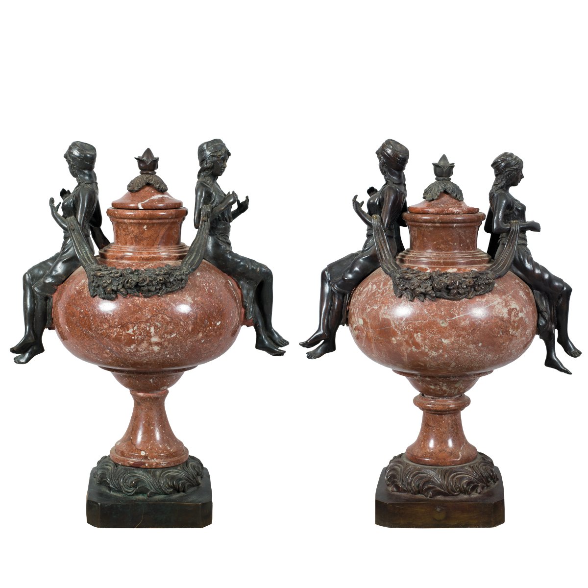 Pair Of Vases In Red Verona Marble And Patinated Bronze. Italy, Late 19th Century.