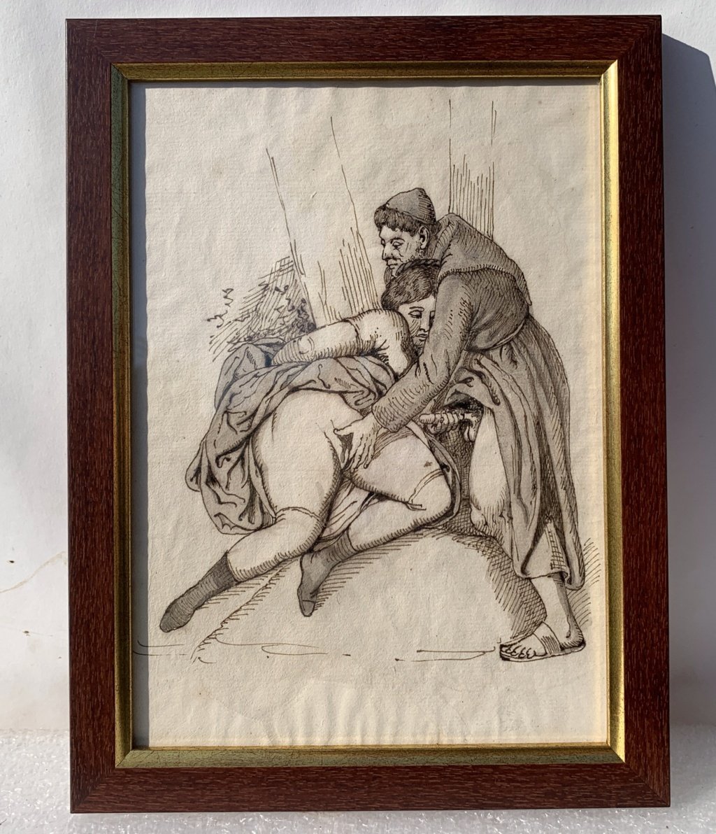 French Painter (19th Century) - Erotic Scene With A Monk.-photo-3