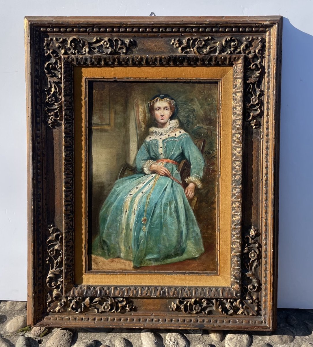 Peintre romantique (seconde moitié du XIXe siècle) - Portrait d'une dame en costume médiéval.-photo-4