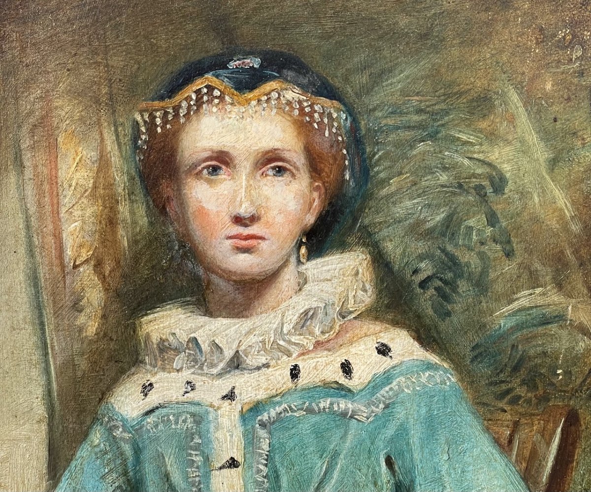 Peintre romantique (seconde moitié du XIXe siècle) - Portrait d'une dame en costume médiéval.-photo-2