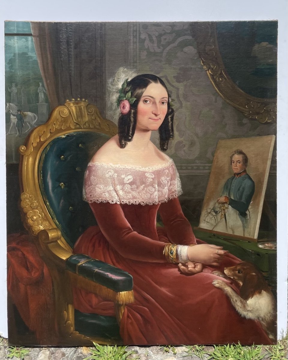 Peintre italien (XIX) - Portrait d'une dame avec un petit chien et portrait de son époux.-photo-4