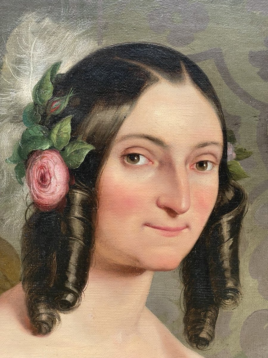 Peintre italien (XIX) - Portrait d'une dame avec un petit chien et portrait de son époux.-photo-1