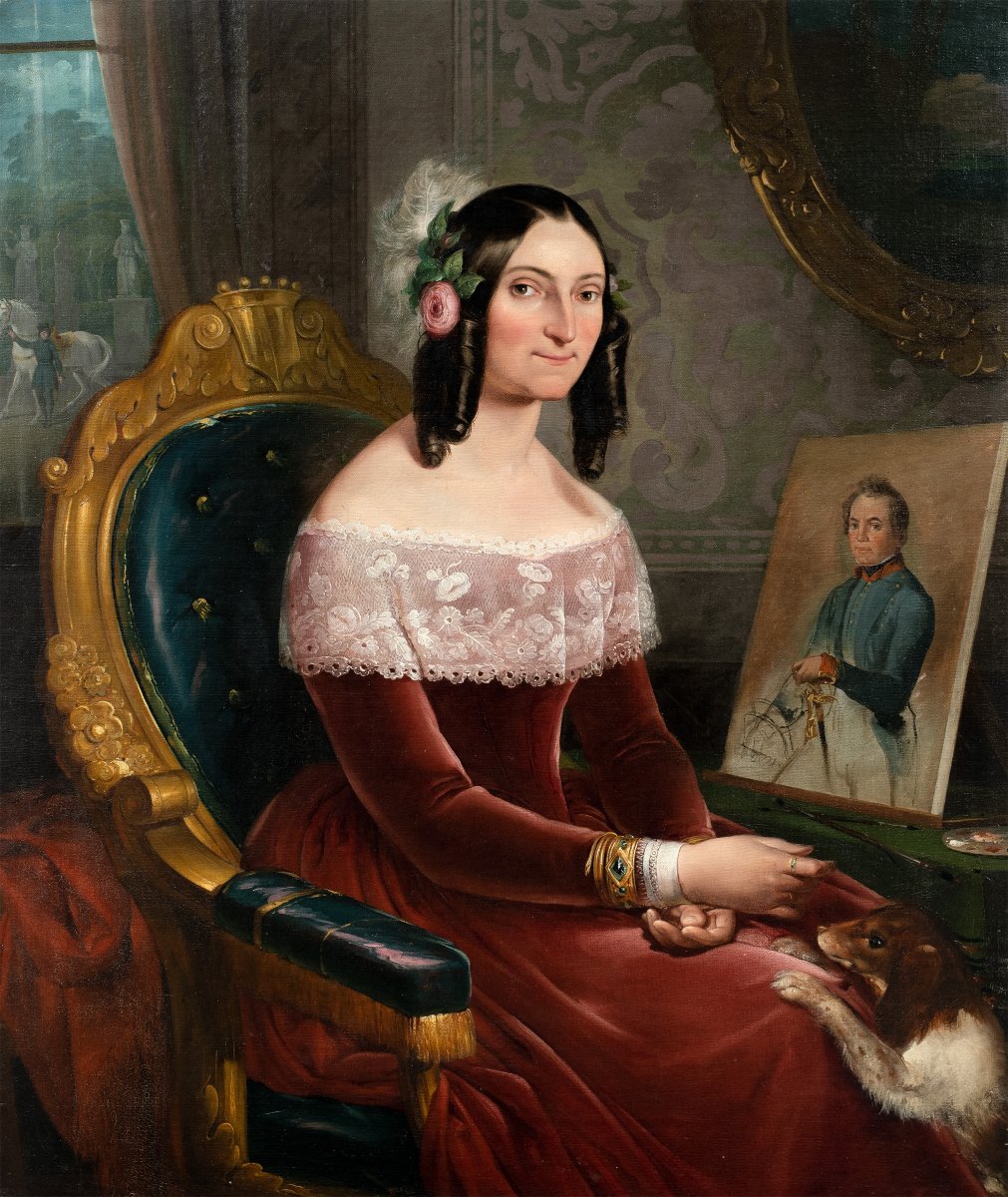 Peintre italien (XIX) - Portrait d'une dame avec un petit chien et portrait de son époux.