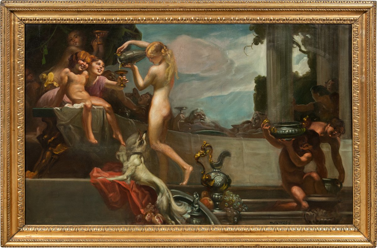 Mattia Traverso (genoa 1885 - Genoa 1956) - Large Banquet Scene With Putti And Nymphs.
