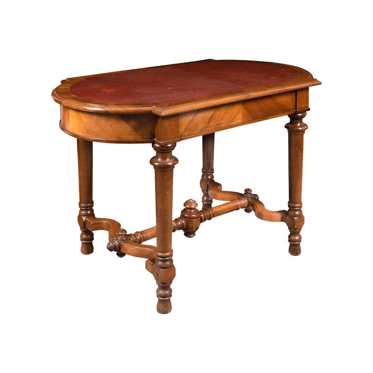 Walnut-veneered Centre Table With Leather Top. Italy, 19th Century.