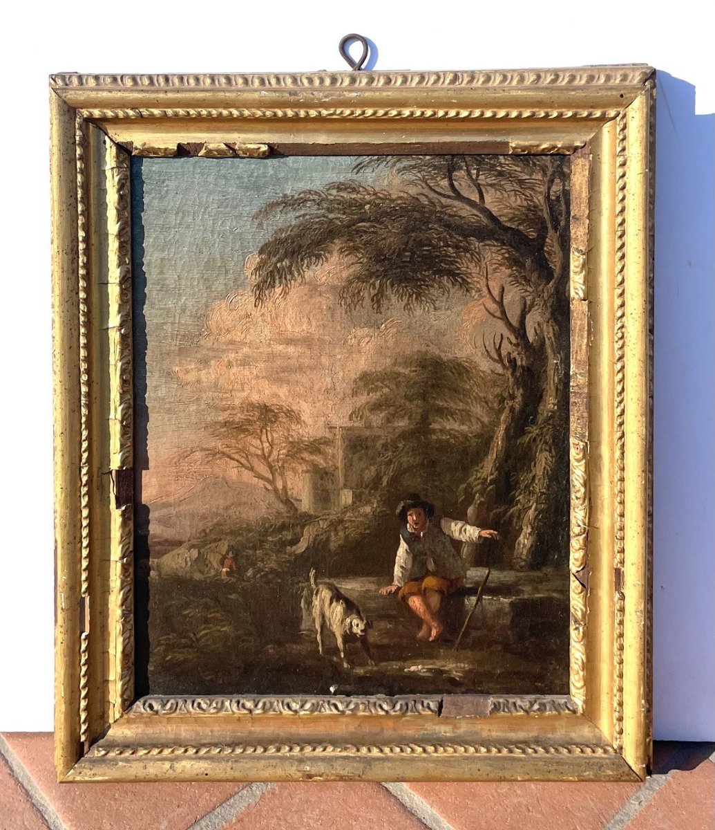 Peintre romain (XVIIe-XVIIIe siècle) - Paysage avec berger et chien.-photo-4