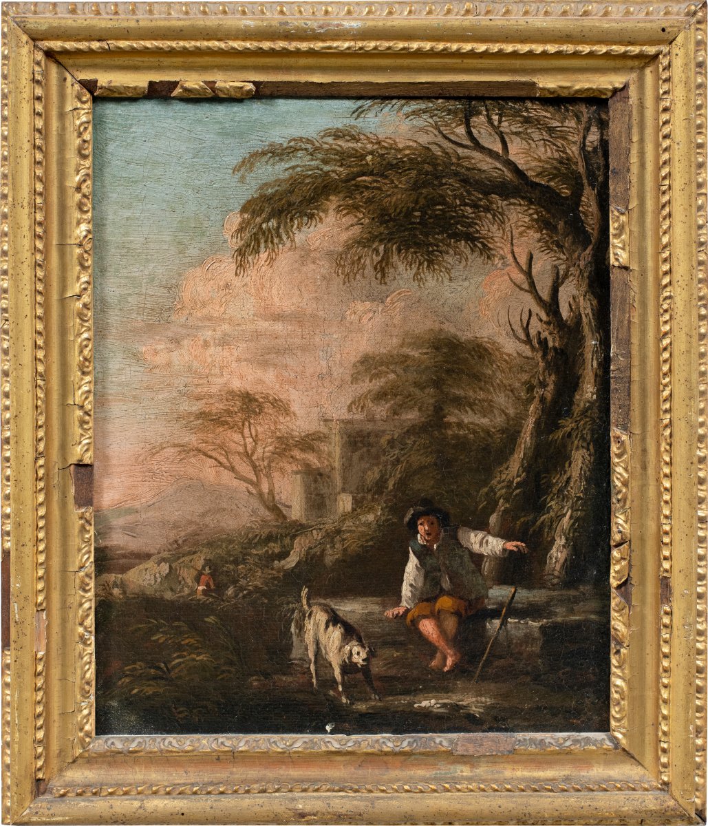 Peintre romain (XVIIe-XVIIIe siècle) - Paysage avec berger et chien.