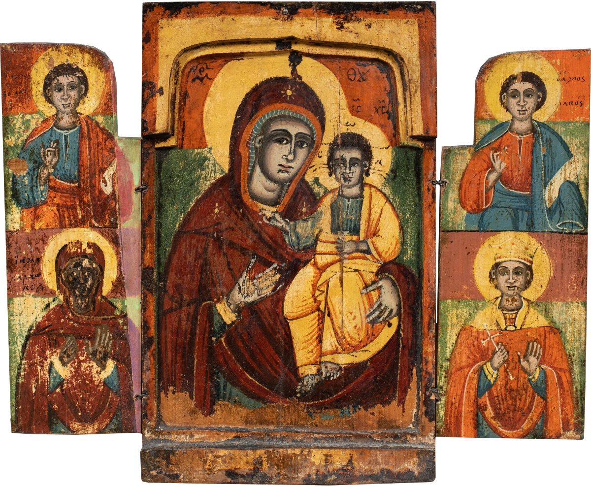 Peintre orthodoxe grec (XIXe siècle) - Triptyque portatif représentant la Vierge Hodigitria.