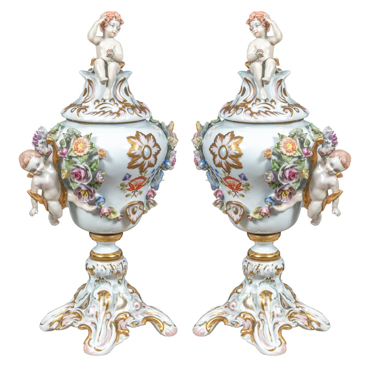 Pair Of Polychrome Porcelain Incense-burning Vases - Capodimonte Manufactory, 19th Century.-photo-2