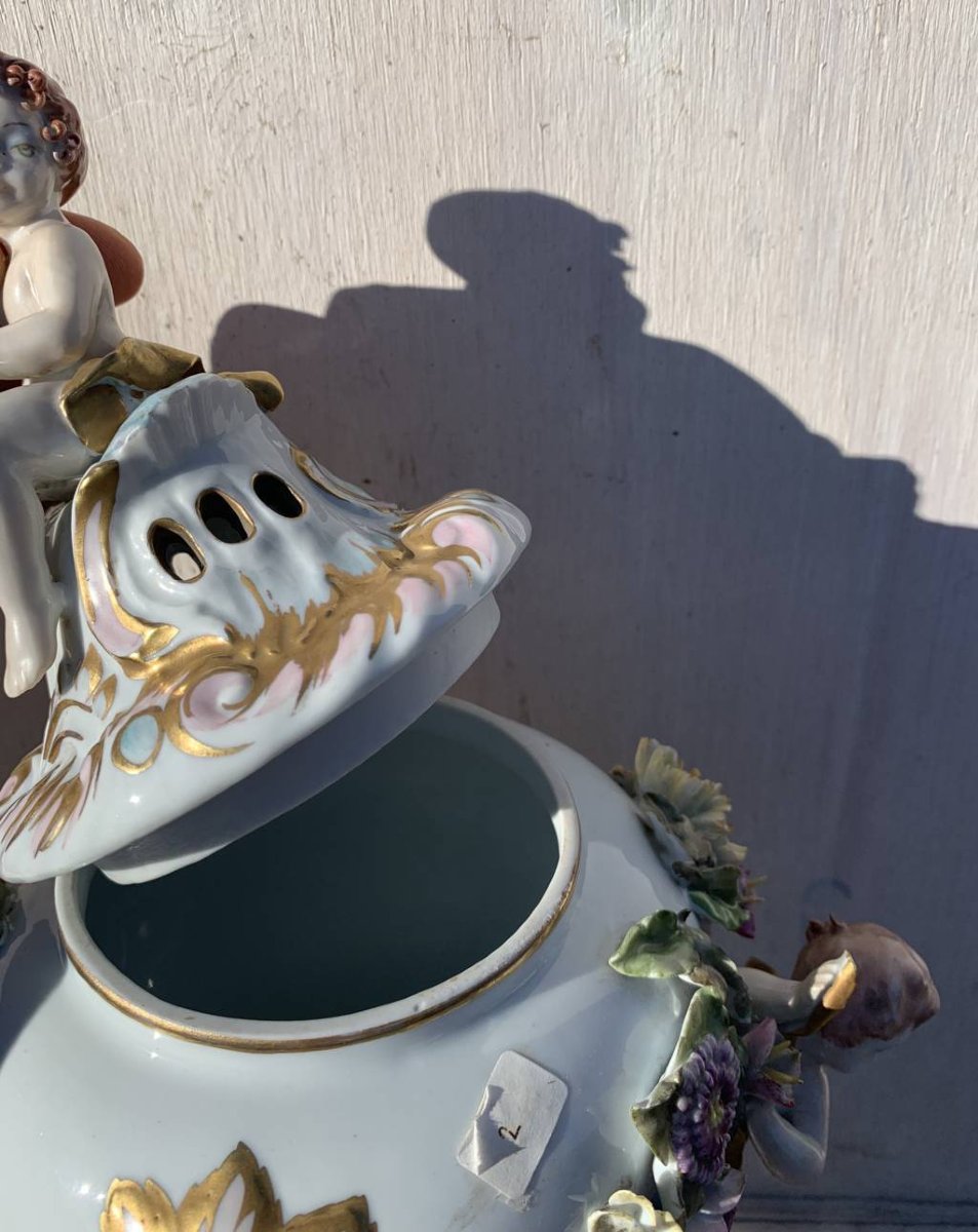 Pair Of Polychrome Porcelain Incense-burning Vases - Capodimonte Manufactory, 19th Century.-photo-1