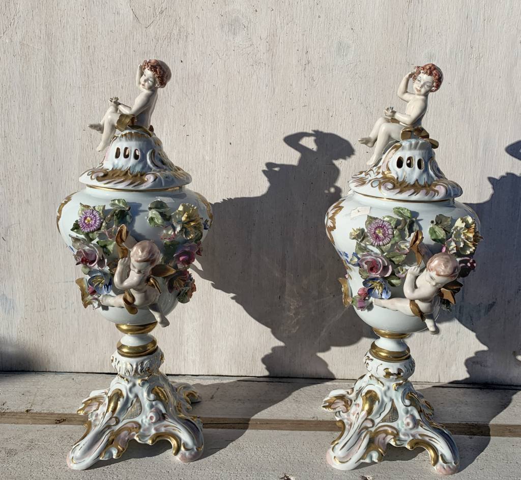 Pair Of Polychrome Porcelain Incense-burning Vases - Capodimonte Manufactory, 19th Century.-photo-2