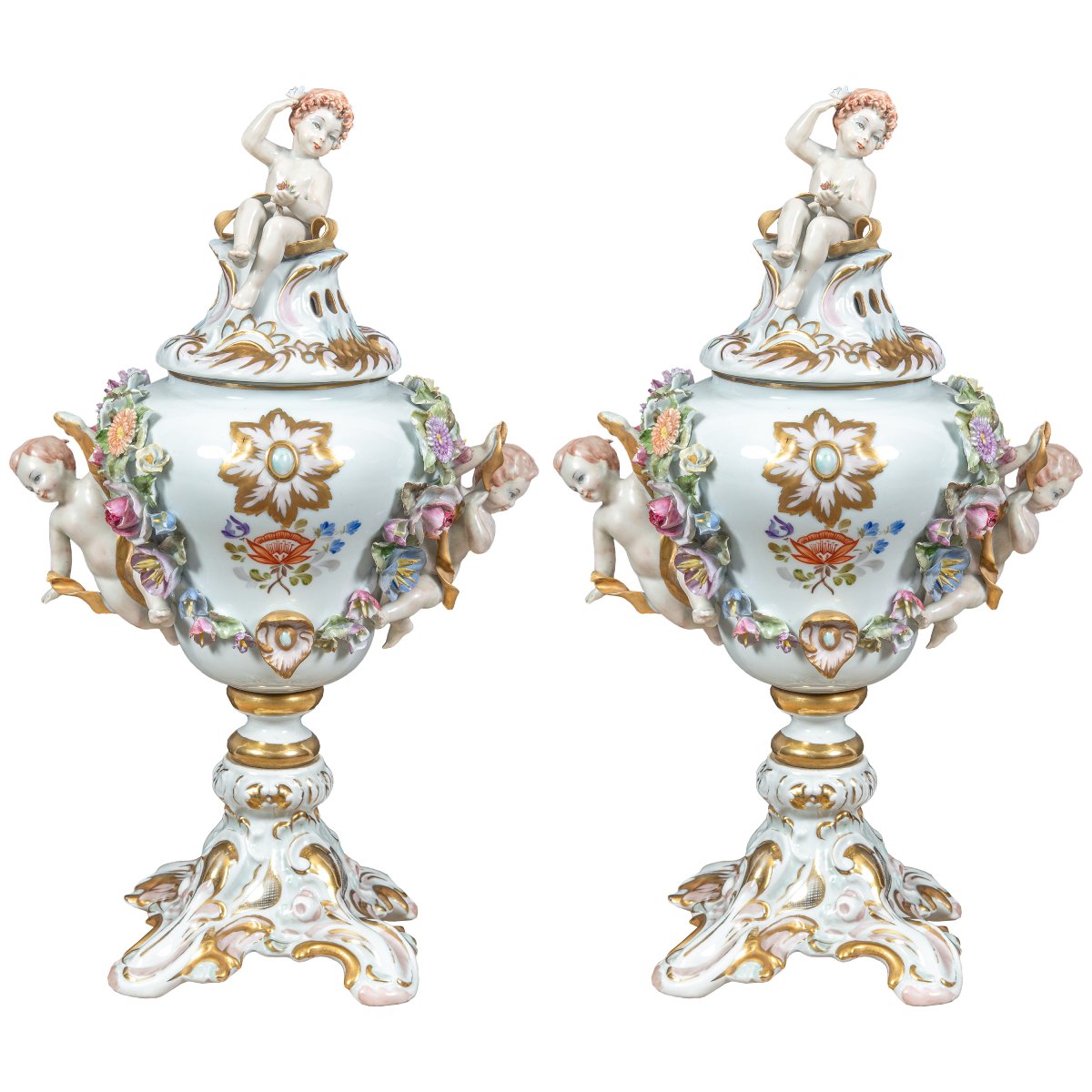 Pair Of Polychrome Porcelain Incense-burning Vases - Capodimonte Manufactory, 19th Century.