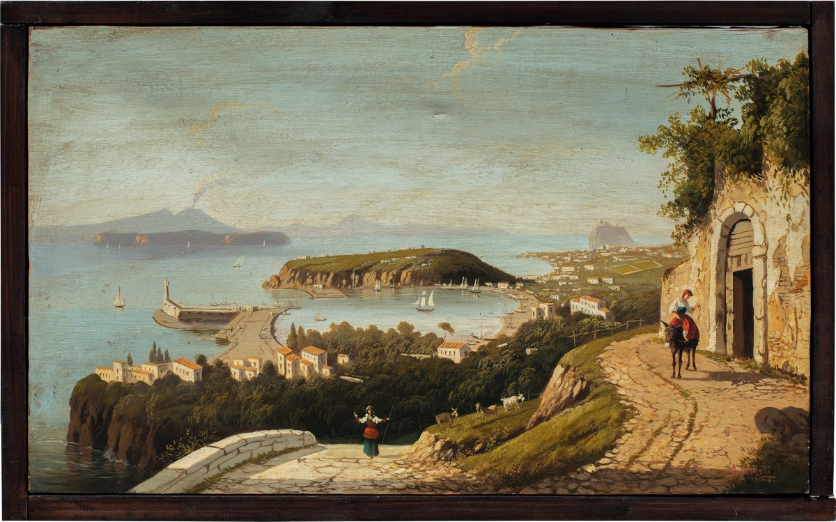 O. Giosti (active XIX) - View Of Ischia With The Harbour And Vesuvius In The Background.