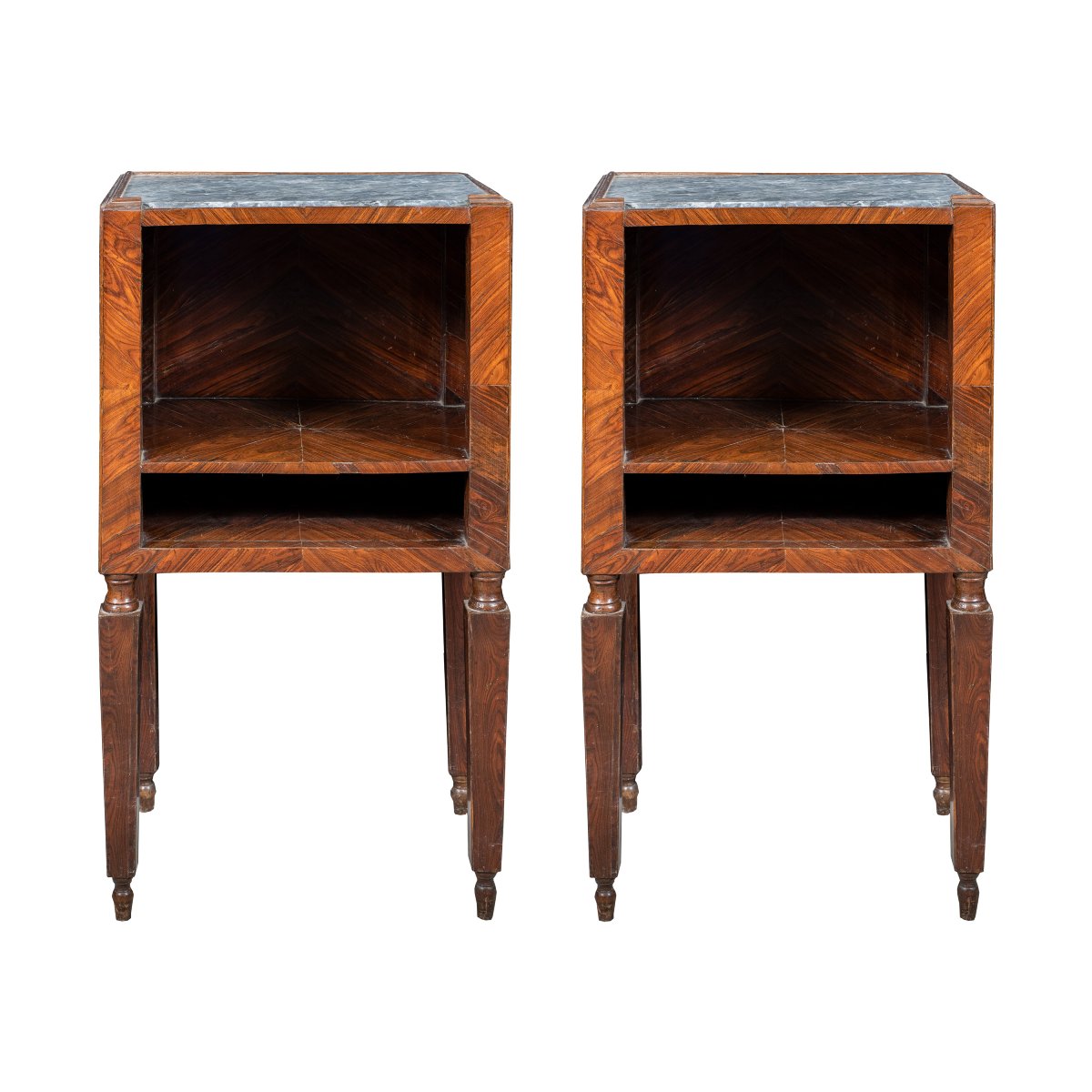 Paire de tables de chevet plaquées d'ébène violet, plateaux en marbre. Sicile, XVIII-XIX.