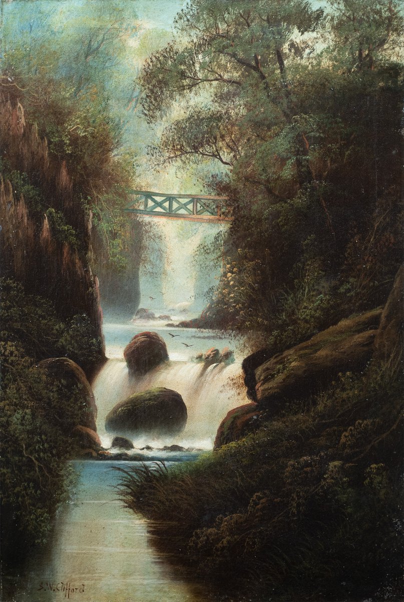 S.w. Clifford (british, Late 19th Century) - Wooded Landscape With Waterfall.
