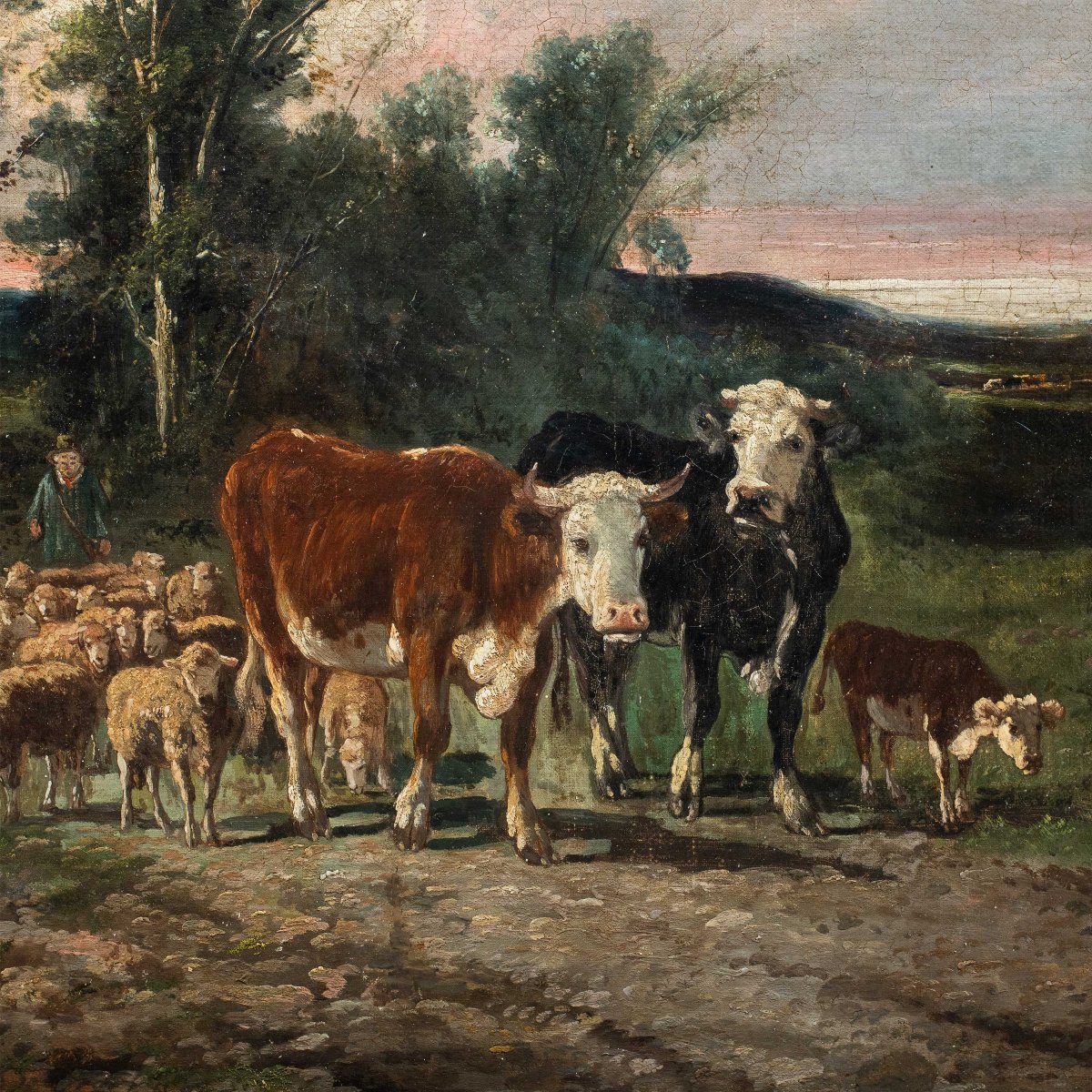 European Painter (19th Century) - Landscape With Cattle And A Flock At Sunset.-photo-2