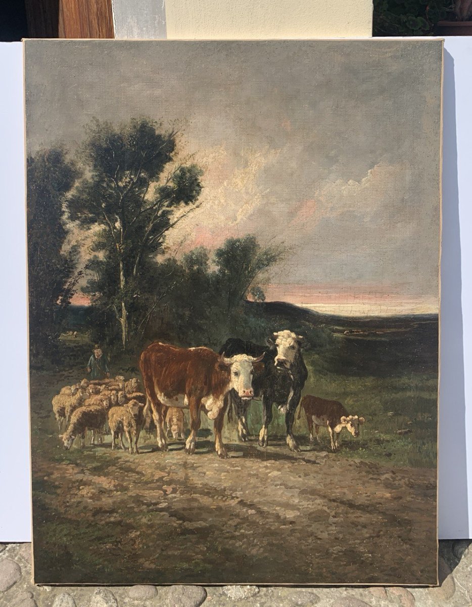 European Painter (19th Century) - Landscape With Cattle And A Flock At Sunset.-photo-4