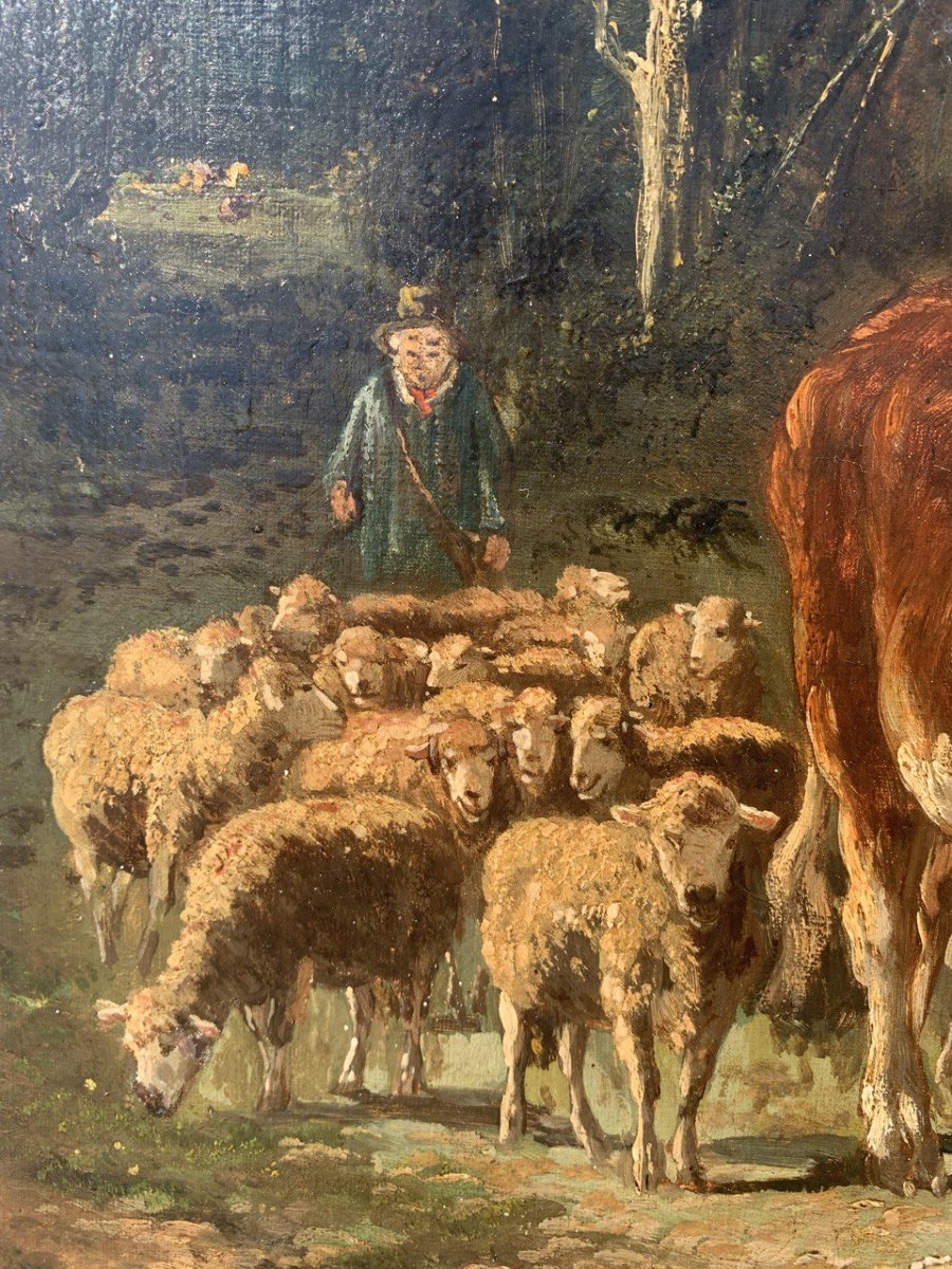 European Painter (19th Century) - Landscape With Cattle And A Flock At Sunset.-photo-2